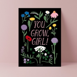 Postcard / You Grow Girl / Cute card Good Luck Greeting Card lucky charm for Family and friends new job exam talisman You Go Girl Flower