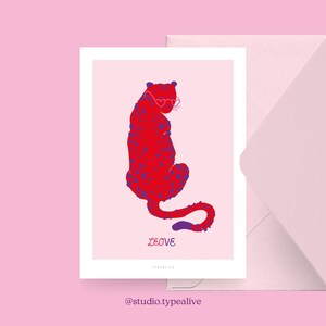 Tarjeta de amor / LEOVE / Divertida y bonita tarjeta de San Valentín, para un aniversario, con un dicho divertido, gato grande, guepardo - para tu pareja
