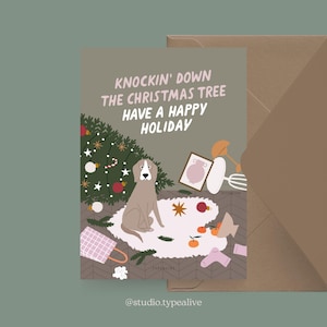 Carte de Noël / Pétisfaction « Chiens » KNOCKING DOWN / Jeu de cartes de Noël, carte de Noël amusante avec chien, carte postale pour fans de chiens