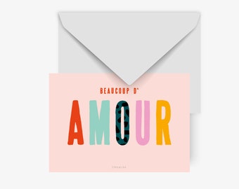 Postkarte / Beaucoup D'Amour / Karte Danke mit Spruch Viel Liebe zum Geburtstag Grußkarte typografisch Illustration für alle Anlässe