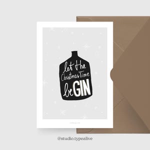 Carte de Noël / BEGIN / Carte postale amusante pour Noël avec une bouteille de gin et un dicton amusant - pour les amis, la famille, les collègues