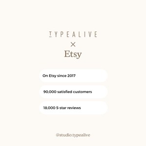May include: A graphic with the text "TYPEALIVE x Etsy" and information about the shop's presence on Etsy, including the year it was established, the number of satisfied customers, and the number of 5-star reviews. The graphic also includes the shop's social media handle, "@studio.typealive".