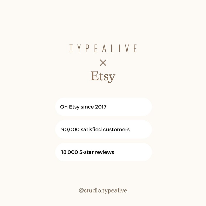May include: A graphic with the text "TYPEALIVE x Etsy" and information about the shop's presence on Etsy, including the year it was established, the number of satisfied customers, and the number of 5-star reviews. The graphic also includes the shop's social media handle, "@studio.typealive".
