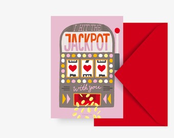 Valentinstag Karte / Valentine Jackpot / süße Postkarte zum Valentinstag oder Geburtstag für Freund oder Freundin mit Spielautomat Herzen