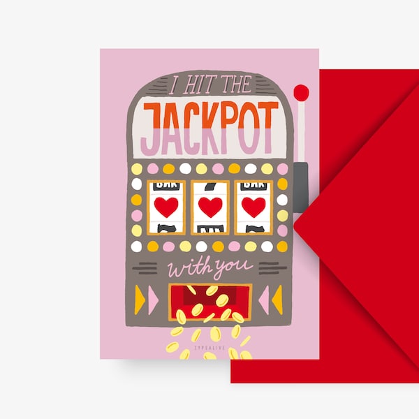 Valentinstag Karte / Valentine Jackpot / süße Postkarte zum Valentinstag oder Geburtstag für Freund oder Freundin mit Spielautomat Herzen