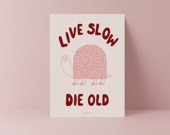 Postkarte / Live Slow / Süße vintage Karte als Gruß oder zum Mutmachen mit Schildkröte als retro Illustration Minimalistisch und grafisch