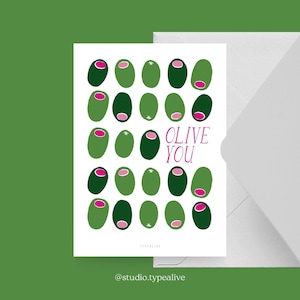 Tarjeta de amor / OLIVE YOU / Divertida y bonita tarjeta de San Valentín con Olive, para un aniversario, con un dicho divertido - perfecta para tu pareja