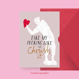 Liebes-Karte / CHERISH MY LOVE / Lustige und schöne Valentinstagskarte, zum Jubiläum, mit witzigem Spruch – für den Partner