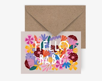 Postkarte / Bloomy Baby / Süße Karte zur Geburt mit Blumen Illustration Babykarte Hallo Baby Grußkarte Glückwunsch zur Geburt