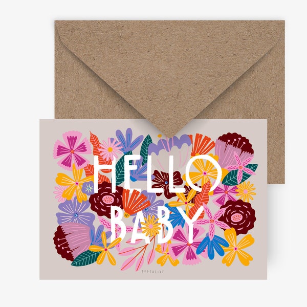 Postkarte / Bloomy Baby / Süße Karte zur Geburt mit Blumen Illustration Babykarte Hallo Baby Grußkarte Glückwunsch zur Geburt