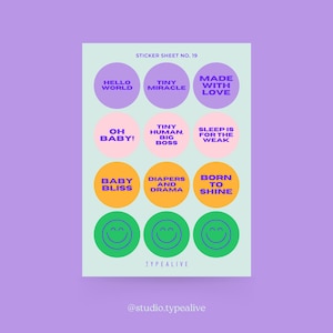 FOGLIO ADESIVO N. 19 "per la nascita" / Bellissimo set di adesivi A6, per la nascita e il bambino – 12 adesivi decorativi con frasi, per abbellire
