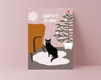 Christmas card / C025 Santas Claws / funny Christmas card with black cat for cat lovers gift with funny saying