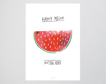 Melon / Melone, Glücklich, Traurig, Fine Art-Print, Wall-Art, Minimal Poster Art, Typography Art, Premium Poster, Kunstdruck Poster