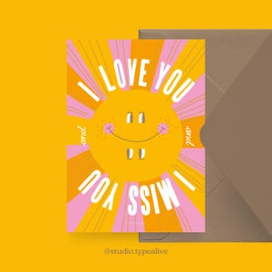 Liebes-Karte / LOVE MISS YOU / Lustige und schöne Valentinstagskarte, zum Jubiläum, mit witzigem Spruch – perfekt für den Partner
