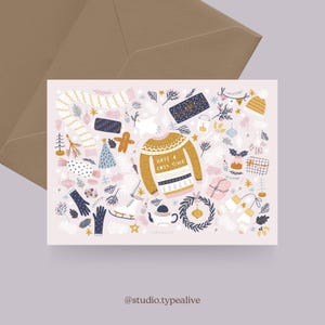 Carte de Noël / ARTICLES DE NOËL NO. 1/ Carte de Noël simple et belle - carte de voeux pour l'Avent avec couronne, écharpe, pull