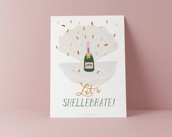 Postkarte / Lets Shellebrate / Lustige vintage Karte zum Geburtstag oder bestandener Prüfung mit Champagner