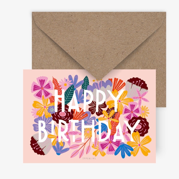 Postkarte / Bloomy Birthday / Süße Karte zum Geburtstag für Kinder mit Blumen Illustration Babykarte Hallo Baby Grußkarte Glückwunsch