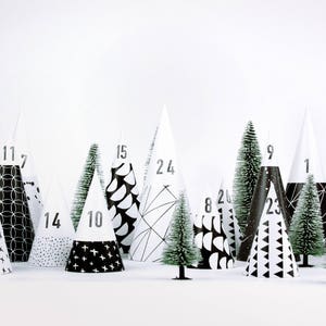 Calendrier de l'Avent / HYGGEWALD / Maisons DIY en papier, à remplir soi-même, simple et moderne, noir et blanc, parfait pour les enfants image 1