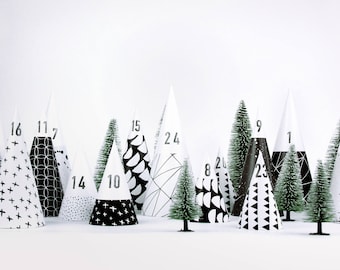 Calendrier de l'Avent / HYGGEWALD / Maisons DIY en papier, à remplir soi-même, simple et moderne, noir et blanc, parfait pour les enfants