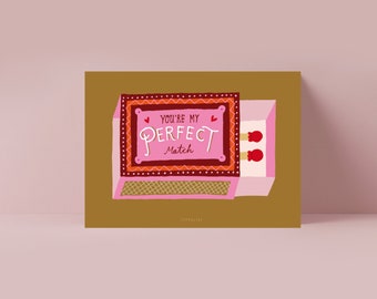 Postkarte / Perfect Match / Süße Karte für Verliebte zum Valentinstag mit Wortspiel Tinder Illustration Grußkarte Ich liebe dich Lustig