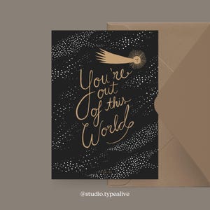Tarjeta de amor / FUERA DE ESTO / Divertida y bonita tarjeta de San Valentín, para un aniversario, con un dicho gracioso - para tu pareja, cielo estrellado