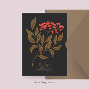 Carte de Noël / BERRY CHRISTMAS / Carte simple et belle pour Noël avec un buisson de baies - Carte de vœux de l'Avent pour la famille, les amis