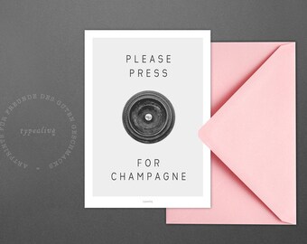 Postkarte Please Press / Champagne, Button, Push, Card, Postcard, Greeting Card, Envelope, Present, Message, Letter