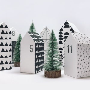 Advent calendar / HYGGEDORF / DIY houses made of paper to fold Advent calendar to fill children simple, black and white Christmas decorations image 2