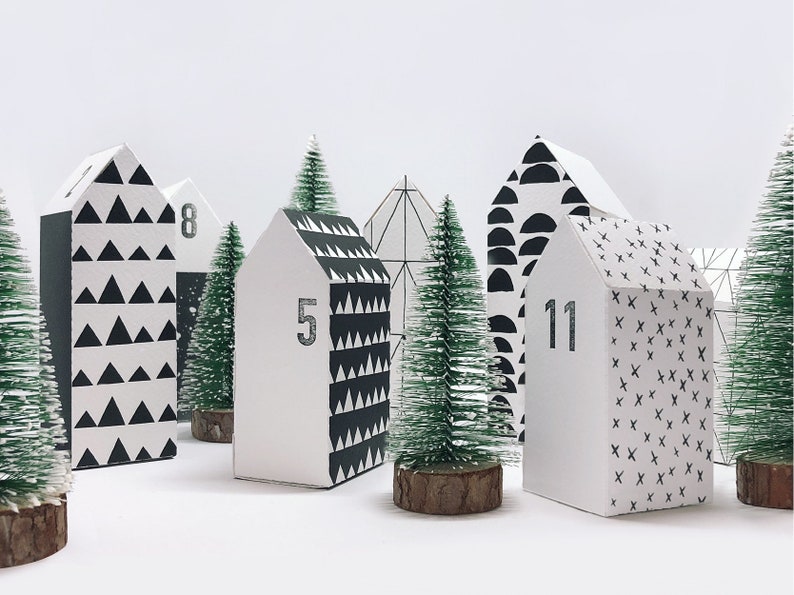 Advent calendar / HYGGEDORF / DIY houses made of paper to fold Advent calendar to fill children simple, black and white Christmas decorations image 2