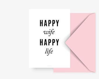 Postkarte Happy Wife / Valentin, Hochzeit, Liebe, Typography Art, Kunstdruck, Grußkarte