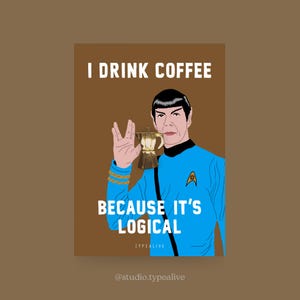 Messing speld / LOGICAL / met koffiemotief en Spock, inclusief kaart en spreuk, als geluksbrenger, voor papa, voor Trekkies