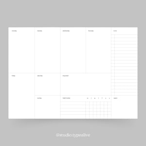 Könnte beinhalten: Ein Wochenplaner mit Abschnitten für jeden Tag der Woche, einer To-Do-Liste, wichtigen Aufgaben und einem Habit-Tracker. Der Planer enthält auch einen Platz für Notizen.