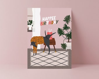 Geburtstagskarte / D030 Happee Birthday / lustige Karte mit Hund zum Geburtstag für Freundin oder Familie mit Liebe Urban Jungle Boho Style