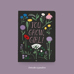 Cuaderno / YOU GROW GIRL / Cuaderno A5 en blanco, con flores silvestres, esquinas redondeadas - como regalo económico, diario o diario de viaje