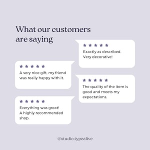 May include: A collage of customer reviews with five-star ratings and positive feedback about a shop. The reviews highlight the quality of the products, the customer service, and the overall experience. The text includes "Exactly as described. Very decorative!" "A very nice gift, my friend was really happy with it." "The quality of the item is good and meets my expectations." "Everything was great! A highly recommended shop."