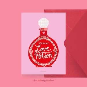 Liebes-Karte / LOVE POITION / Lustige und schöne Valentinstagskarte, zum Jubiläum, mit witzigem Spruch – für den Partner, Parfum Flakon