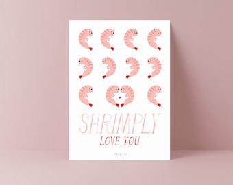 Karte / Shrimply Love / Lustige Postkarte für Verliebte mit süßen Shrimps zum Thema Ich liebe dich