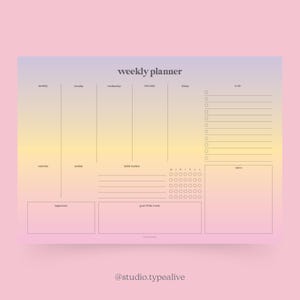 Könnte beinhalten: Ein Wochenplaner mit einem Farbverlaufshintergrund in den Farben Rosa, Gelb und Blau. Der Planer enthält Abschnitte für jeden Tag der Woche, einen Habit Tracker, einen Notizbereich und einen Bereich für das Wochenziel. Der Text "weekly planner" befindet sich oben auf der Seite.