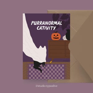 Halloweenkarte / Petisfaction "Cats" PURRANORMAL CATIVITY / Postkarten Set Katze, lustige Halloweenkarte mit Katze, Postkarte für Katzenfans
