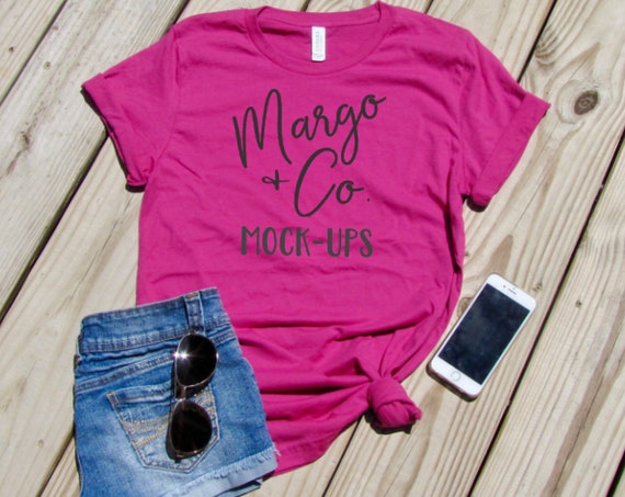 Mock Up Bella Canvas 3001 Berry Unisex T-Shirt Mockup Flatlay Mockup