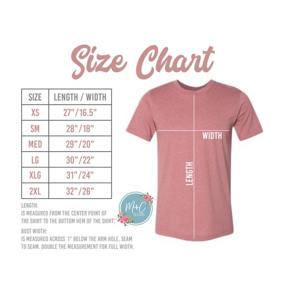 Bella Unisex Tee Size Chart