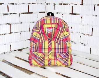 Plaid Red Yellow Backpack - School Backpack - Reused Backpack - Eco Cotton Rucksack - Hipster Backpack - Bohemian Backpack - City Backpack