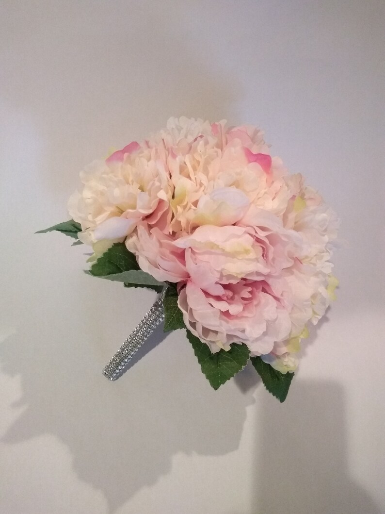 Pink peony bridal bouquet with rhinestone handle