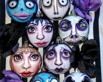 Set of 8 Hand-painted Tim Burton Character Ornaments - Corpse Bride - Beetlejuice - Edward Scissorhands - Nightmare Before Christmas