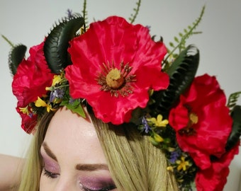 The Venus Doom 3 | Bringer of Death | Red Poppy and Venus Fly Trap Goddess Crown | Floral Headpiece | Venus in Bloom | Ready to Ship