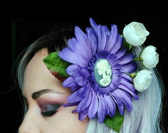 Violet Daisy Skull Cameo - Venus in Bloom Goddess Crowns- Clip-on Floral Headpiece - Ready to Ship