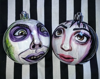 Beetlejuice and Lydia Hand-painted Ornaments - Ready to Ship - Shatterproof Ornament Set Handmade Tim Burton Characters