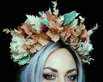 Faded Pastel Peony - Hydrangeas, Lamb's Ear, Eucaluptus and Peonies - Venus in Bloom Goddess Crowns-  Floral Headpiece - Ready to Ship