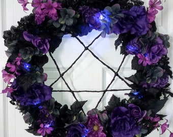 Poison Girl Purple Heartagram Light-up Goth Floral Wreath - Roses, Anemones, Hydrangeas, Peonies, Eucalyptus - Ready to Ship, Ready to Hang!