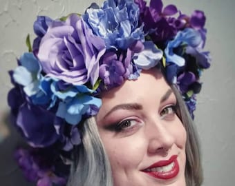 The Purple Princess - Roses, Poppies, Hydrangeas, Peonies  - Venus in Bloom Goddess Crowns-  Floral Headpiece - Ready to Ship